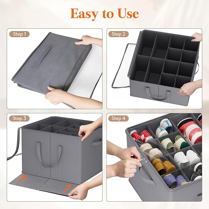 Lifewit Shoe Storage Organizer for Closet, Fabric Large Shoe Box Storage Containers with Clear Cover, Foldable Bins for Boots Heels Sneakers Fits 72-96 Pairs (Each 12-16 Pairs) 6 Pack Gray