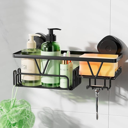 Shower Caddy Suction Cup with Soap Holder and Hooks, Black
