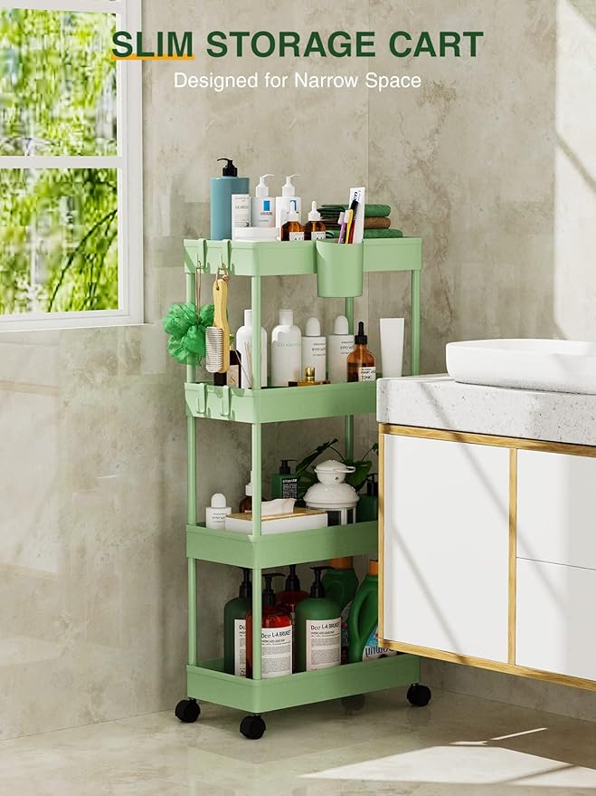 Slim Rolling Storage Cart, 7.1" W+Green