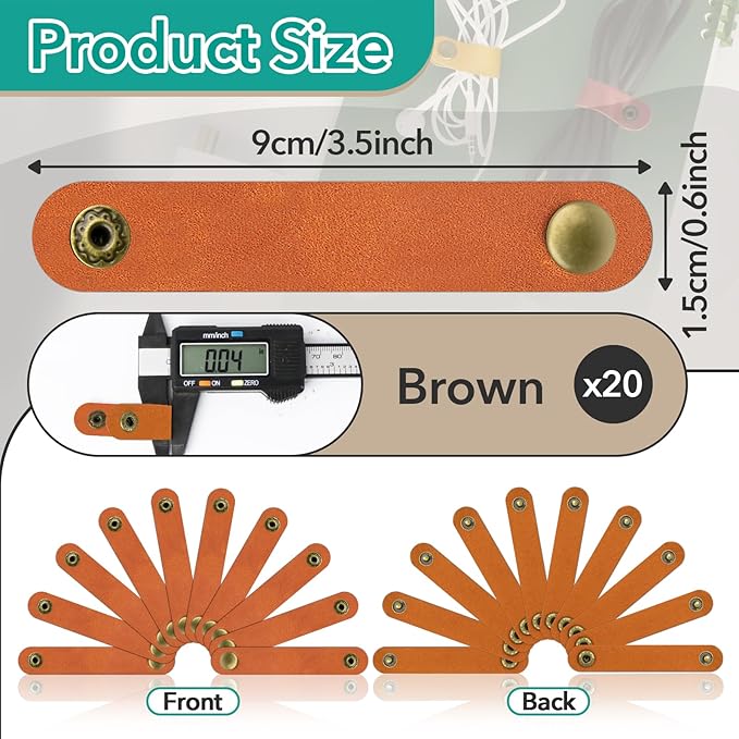 20 Pcs Leather Cord Organizer - Brown Leather Cord Ties for Charging Cords, Reusable Charging Cable Organizers