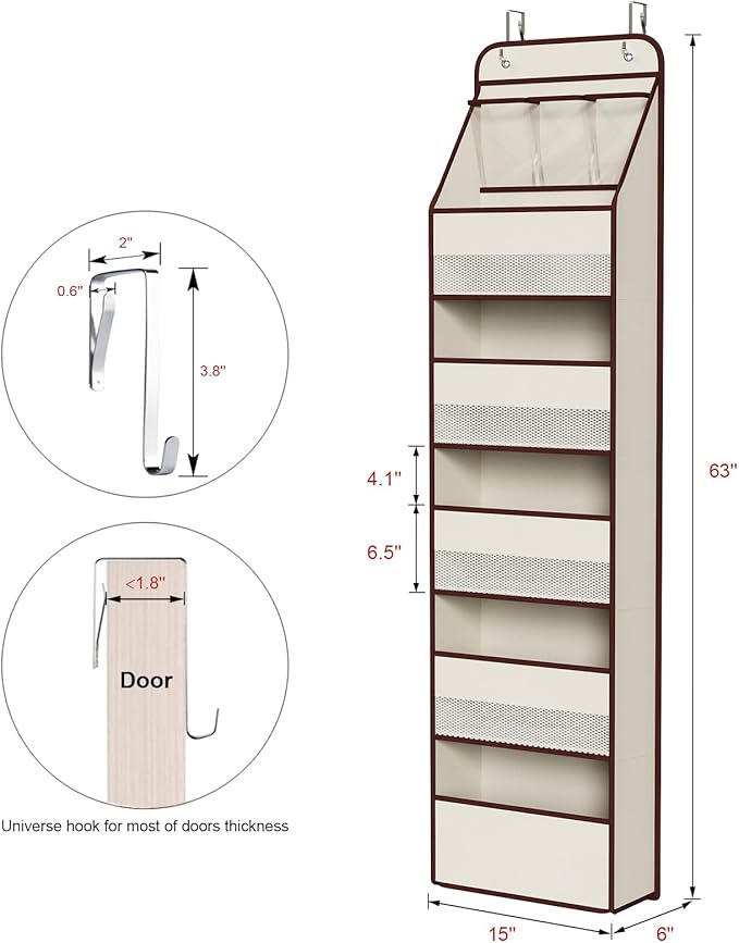 6-Shelf Over Door Hanging Organizer Fabric Baby Door Storage with 5 Large, Beige