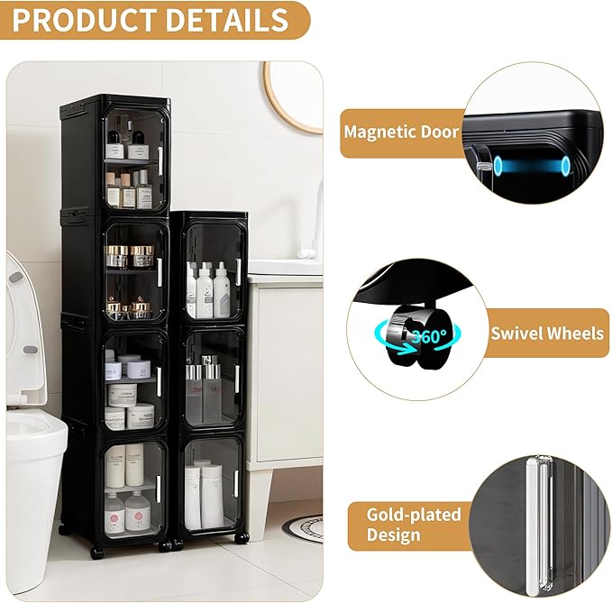 5-Tier Tall Narrow Storage Cabinet, Slim Bathroom Storage Cabinet with Adjustable Shelves and Wheels, Narrow Organizer for Small Space, Bathroom, Kitchen, Laundry, Black
