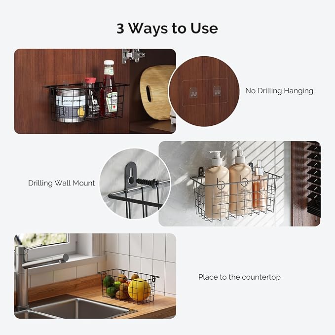 MaraFansie Hanging Wire Baskets Kitchen Storage Basket Adhesive and Screws Basket Over the Cabinet Door Organizer with Adhesive Strips and Screws Accessories, 2 Installations, 4 Pack, Black