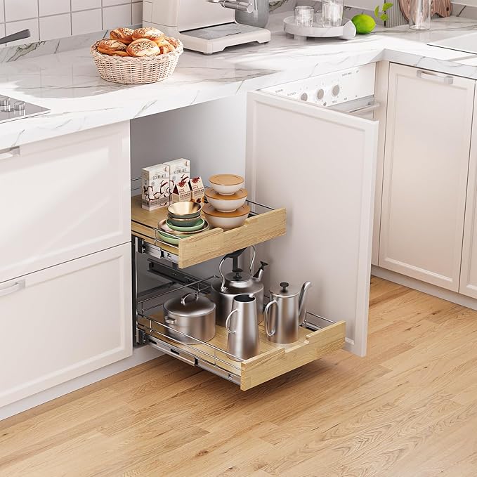 Sikarou Pull Out Cabinet Organizer,Heavy-Duty Slide Out Shelf, Wood and Wire Basket, Pull Out Drawer for for Kitchen Under Sink Space, Pantry, Bathroom, 2 Tie 23 * 21 in