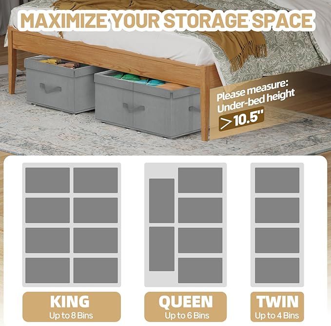 Large Under Bed Storage with Wheels, 10" Height Rolling Underbed Storage Containers Bins with Lid, Deep No-Assembly Under Dorm Bed Storage Drawers for Shoes, Clothes, Blankets (2 Pack, Grey)