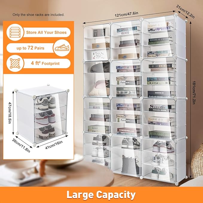 12-Tier 3-Line Dustproof Shoe Boxes 72 Pairs Clear Shoe Rack Organizer Stackable Storage Cabinet Plastic Shoe Closet for DIY Home Bedroom Living Room Porch (72 Pairs)