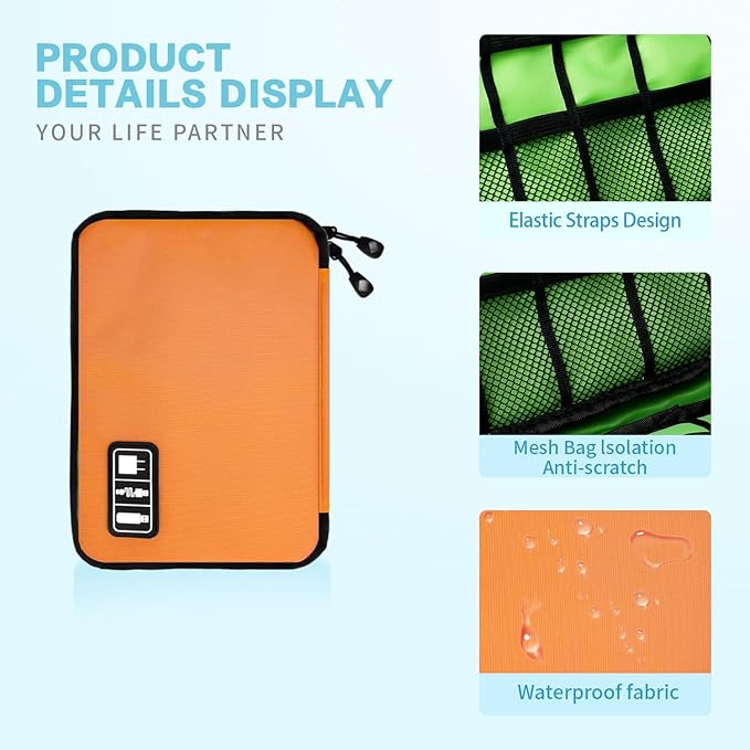 Lcsmaokin Electronics Travel Organizer,Portable Waterproof Electronic Travel Storage Bag for Small Charging Cord Storage,Charger,SD Card etc,for Travel,Business-Orange Green