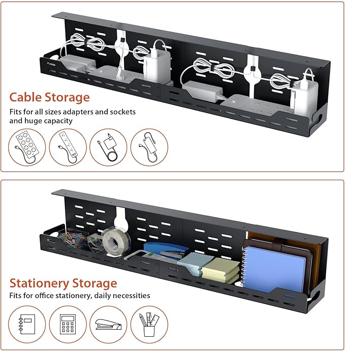 Under Desk Cable Management Tray, 32" Steel Cord Organizer, Black
