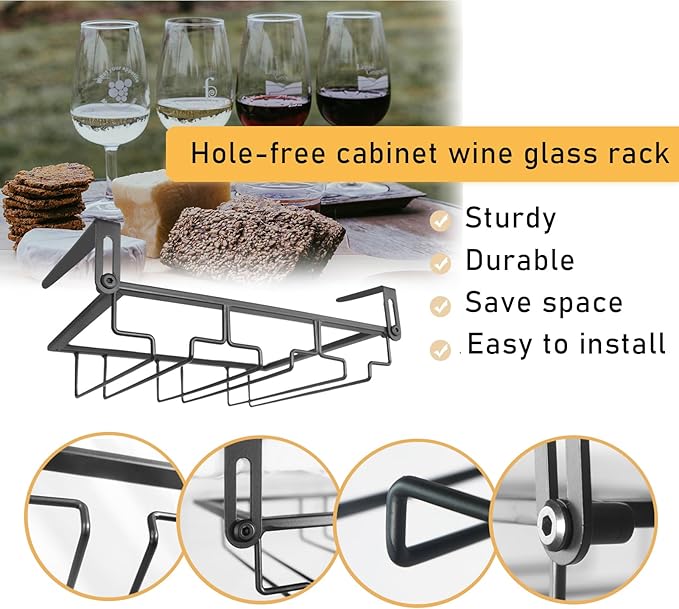 Adjustable Under Cabinet Stemware Holder - Metal Wine Glass Hanger Organizer for Kitchen, Bar, Shelf - Rustproof Hanging Storage Rack for 6-8 Glasses - Space Saving Decor (Black, 3 Rows)