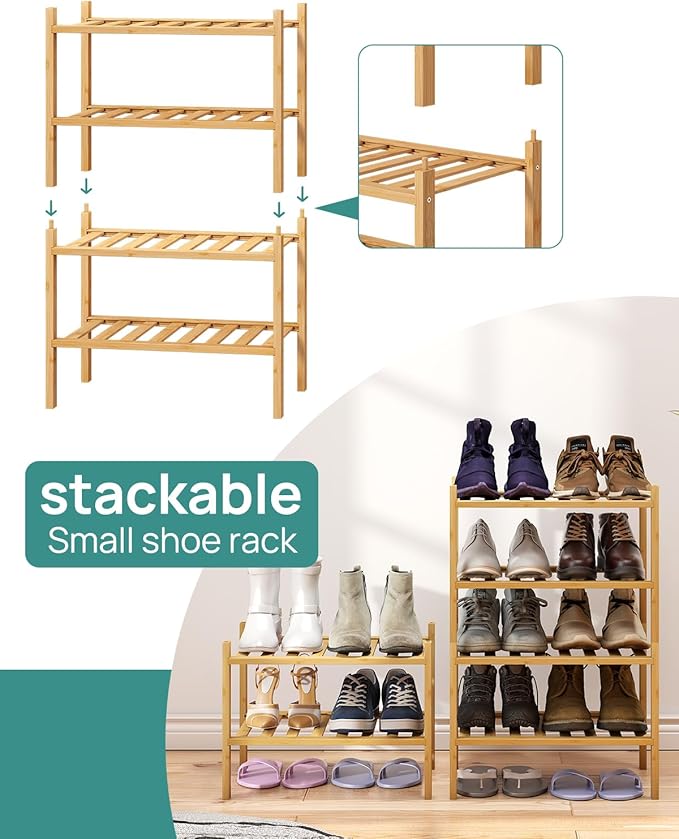 viewcare Small Shoe Rack, 6-Tier Shoe Shelf for Entryway, Bamboo Wood Shoe Rack for Closet & Hallway, Long 17.2IN | Beautiful | Functional | Sturdy | Durable