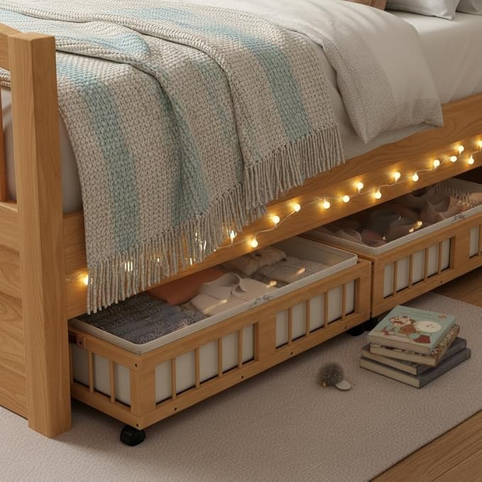 2-Pack Bamboo Under Bed Storage Containers with Wheels, Nature