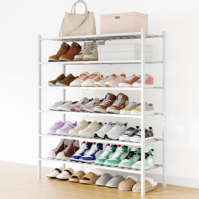 Smiry Long Bamboo Shoe Rack, 6 Tier Free Standing Wooden Shoe Organizer, Stackable Wood Shoe Storage Shelf for Closet, Entryway, 12 Vertical Slats, 2+2+2 Stack Standard Legs, 33.7"x11"x39", White