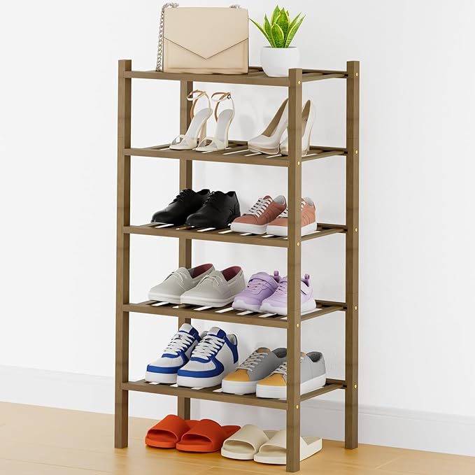 Smiry Small Bamboo Shoe Rack, 5 Tier Free Standing Wooden Shoe Organizer, Stackable Wood Shoe Storage Shelf for Closet, Entryway, 14 Vertical Slats, 2+2+1 Stack Thicker Legs, 17.3"x11"x32.5", Walnut