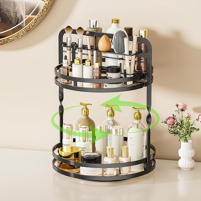 360° Rotating Makeup Organizer, 2-Tier Black Perfume Organizer for Dresser