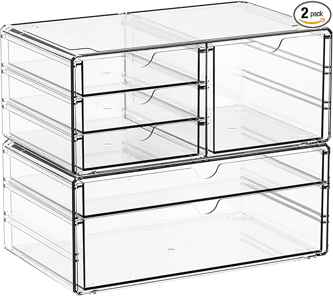 Yieach 2 Pack Acrylic Drawer Organizer With 6 Drawers,Stackable 11.1” Large Clear Storage Drawers and Makeup Organizer For Vanity,Bathroom Countertop,Cabinet,Pantry,Office Supply Storage Bins Drawers
