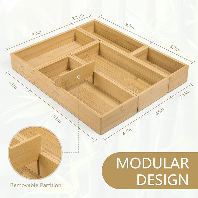 5 Pack Bamboo Drawer Organizer Set, Multi-Use Junk Drawer Organizer for Bathroom
