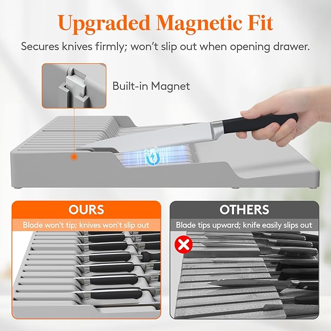 Lifewit Magnetic Drawer Knife Organizers Insert, Kitchen Plastic In Drawer Knife Block Slots, Steak Chefs Knives Holder Storage for 16 Knives and 1 Sharpening Steel, Extra Large, Gray, 16.5"/42 cm(W)