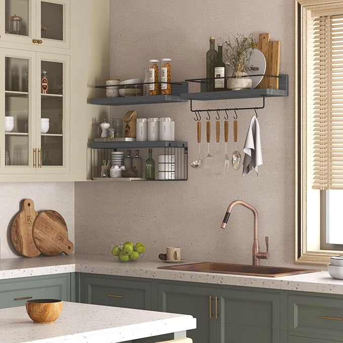PopiShelves Bathroom Shelves Over Toilet for Wall, Floating Shelves with Storage Basket Paper Holer for Kitchen Living Room, Bedroom & Classroom, Set of 3 (Grey)