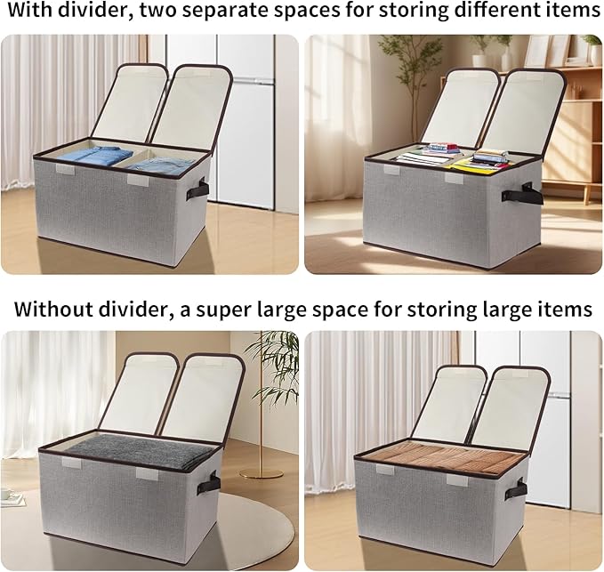 Foldable Fabric Storage Box, 16.5 x 11.8 x 9.8 inches (L x W x H), with Double-Lid & Dividers, Large Organizer for Home, Closet, Office(Grey, 3 Packs)