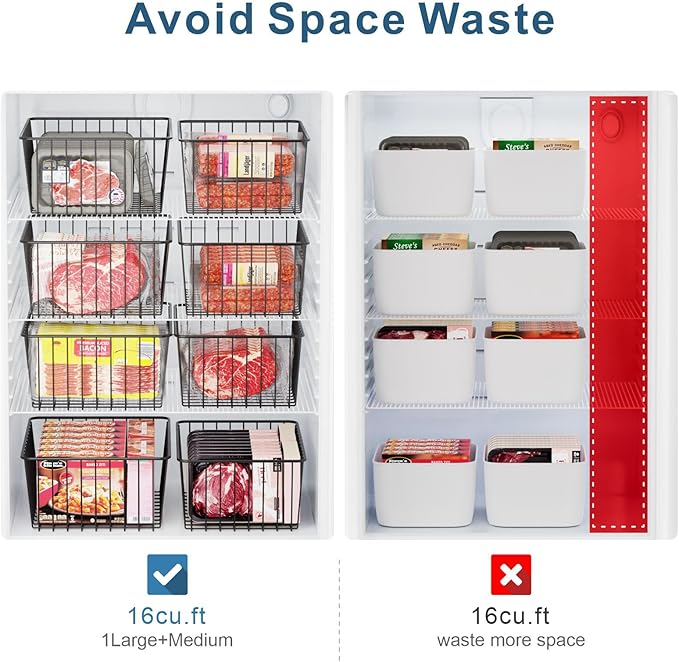 iSPECLE Freezer Organizer Bins - 4 Pack Upright Freezer Baskets for 17/21 Cu.Ft Stand up Freezer, Wire Storage for Reach-in Freezer, Slide-Out Access, Prevents Items Falling, 2 Large 2 Medium, Black