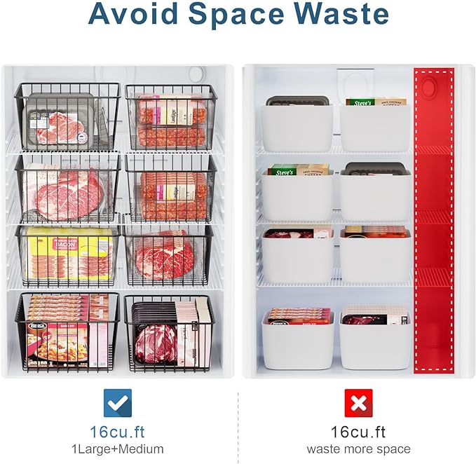 iSPECLE Freezer Organizer Bins - 6 Pack Stand Up Freezer Organizers for 16 Cu.Ft Upright Freezer, Storage Baskets for Meat & Veggies, Prevents Items Falling, Slide-Out Access, 3 Large 3 Medium, White