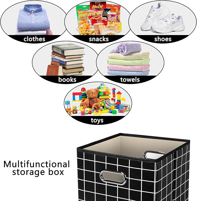 Yunkeeeper storage bins Cubes, Fabric Cube Organizer with Handle, Foldable Cube Bins for Cloth or Accessary Storage, 11x11x11, Set of 6, (Black grid)