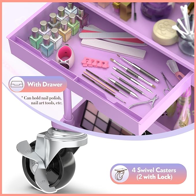 SUNALLY Makeup Cart Organizer with Drawers, Floor Skincare Organizers Vanity Storage Organizer, Rolling Makeup Bathroom Storage Cart Cosmetics Display Cases for Skin Care Perfume Nail Polish, Purple