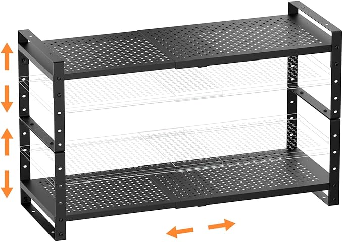 Multi-Functional Metal Shoe Rack,Expandable Adjustable Stackable Kitchen Organizer,Metal Shelf risers for cabinets, Kitchens and Closet, Bathroom(2Packs/Black/Large)