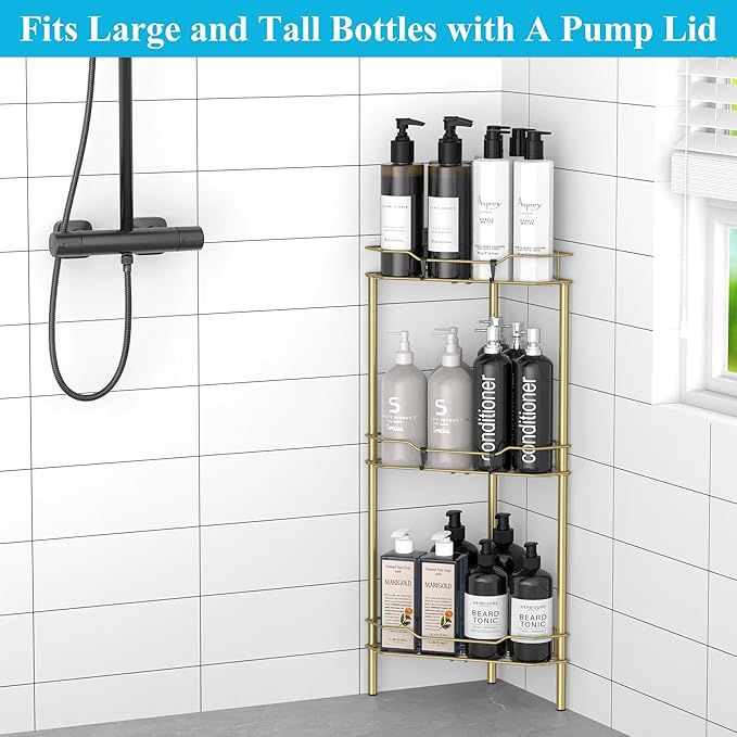 HuggieGems 3 Tier Floor Standing Corner Shower Caddy Organizer Shelf with Hooks, Bathroom Shelves Stand Rack, Gold