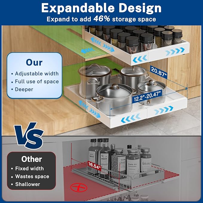 Pull Out Cabinet Organizer Expandable Width(12.2"-20.47") & 21"Deep