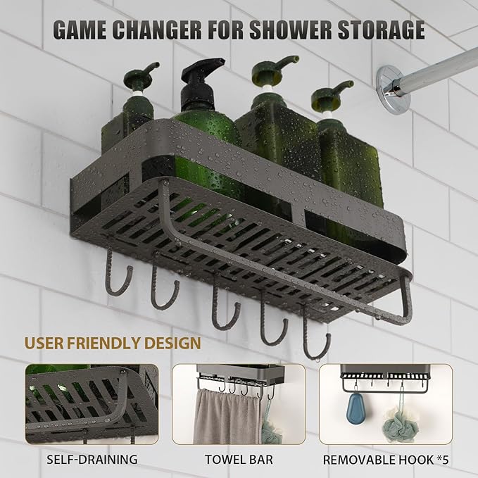 Adhesive Shower Caddy, 11.8 inch Stainless Steel Shower Shelves for Inside Shower with Hooks & Towel Bar-No Drilling(Gun Gray)