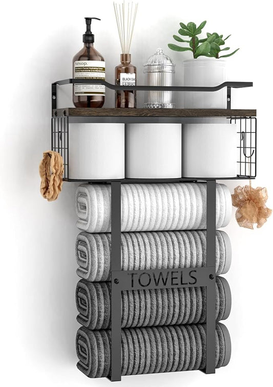 Rustic Brown Wood Vertical Towel Rack, Bath Wall Holder Set Above Toilet Storage