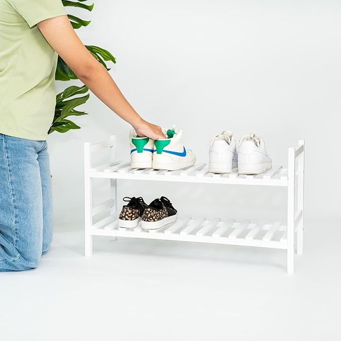 Wood Stackable Wooden Shoe Rack Organizer for Closet Storage, White