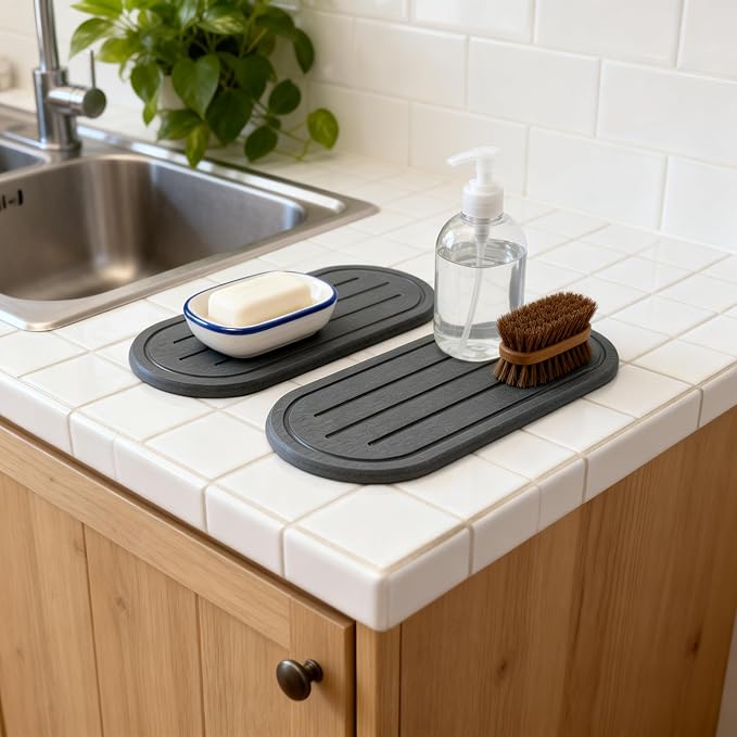 Razborci 2PCS Water Absorbing Stone Drying Tray Mat for Bathroom Sink & Kitchen Counter Faucet Organizer Decor, Quick Dry Dish Soap Dispenser Sponge Holder, Vanity Caddy Coaster,Dark Gray -10"*3.8"