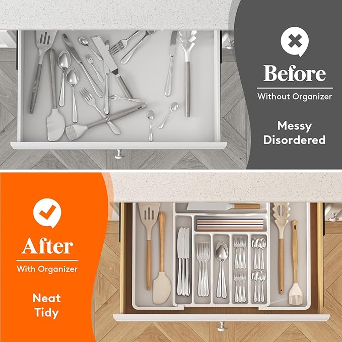 Utensil Organizer for Kitchen Drawer, Expandable Cooking Silverware Tray, White