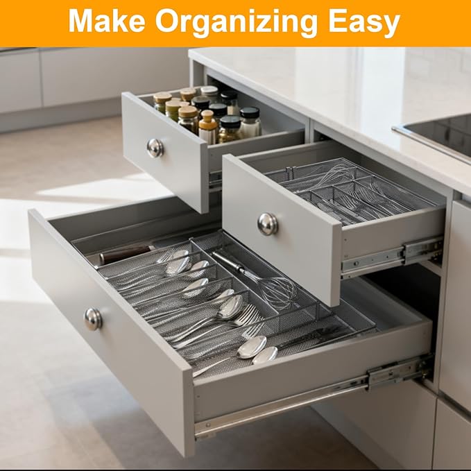 2 Pcs Utensil Drawer Silverware Organizer, Sliver