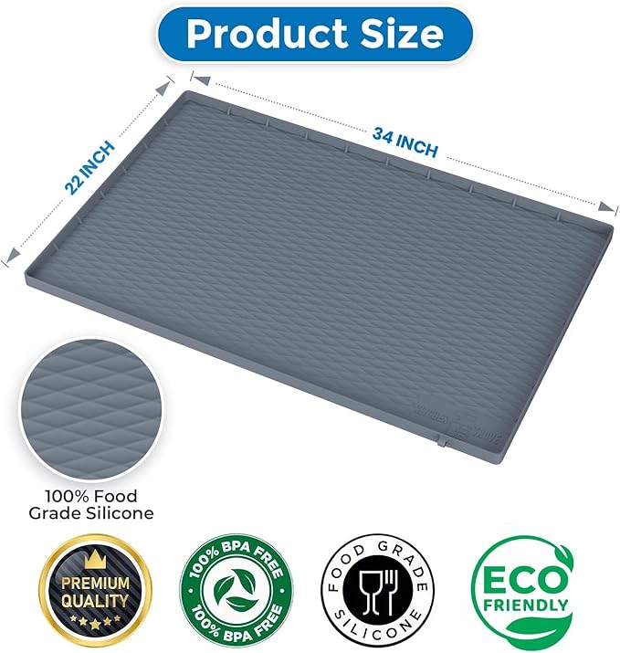 Heavy Duty Under Sink Mat for Kitchen Waterproof 34" x 22" | Extra Thick 1000g Silicone Under Sink Tray with Raised Edges for Kitchen & Bathroom Cabinet Organizer and Sink Drip Tray