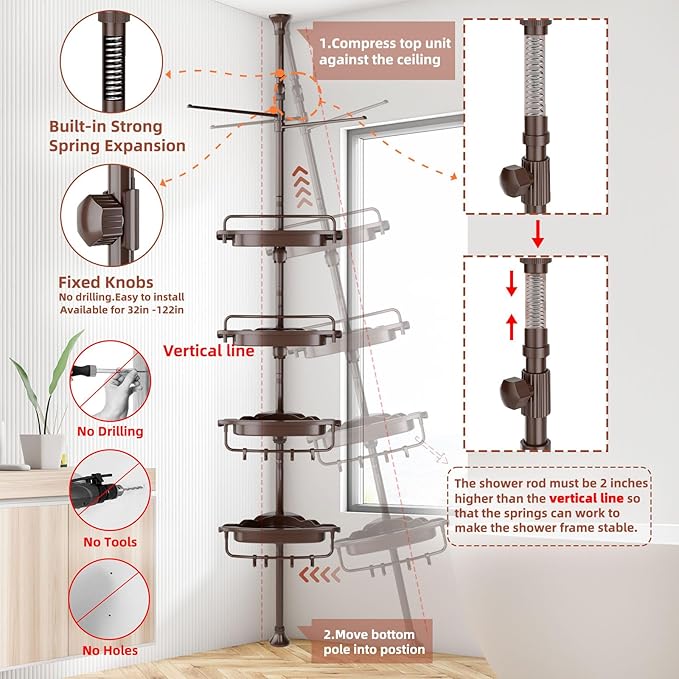 XLHOMO 32-122inch Corner Shower Caddy Tension Pole Brown, Rustproof Drill-Free Shower Shelves for Bathroom Bathtub Washbasin, Adjustable Shower Organizer with 4 Tier Patent Stable Shelves & Towel Bars