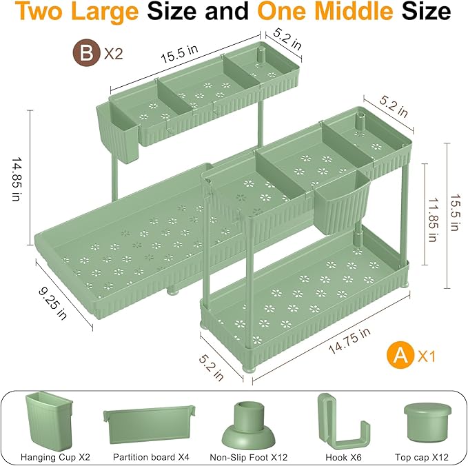 Sevenblue 3 Pack Multi-Purpose Pull-Out Storage Organizers, 2-Tier L-Shaped Under Sink/Cabinet Organizers and Storage for Bathroom & Kitchen,Green,14.85 Inch