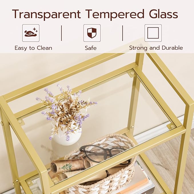 HOOBRO Gold Glass Shelf Stand, 3 Tier Standing Shelf Unit, Bathroom Organizer and Storage, Floor Storage Shelves Waterproof, for Bathroom, Laundry, Toilet, Tempered Glass, Gold GD77CJ01