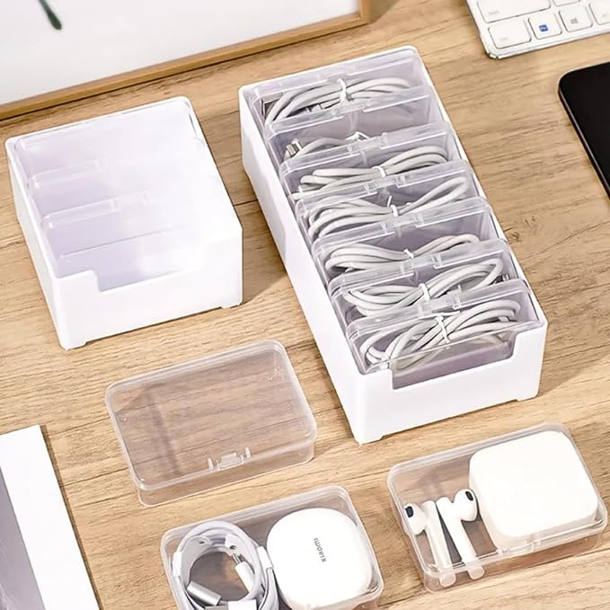 RayHenry 2 PCS Cable Organizer Box with 7 Clear Switch Case, Desktop Charger Cord Storage Organizer Box for Home Office Desk Accessories Wire Organization Stationery Supplies (white)