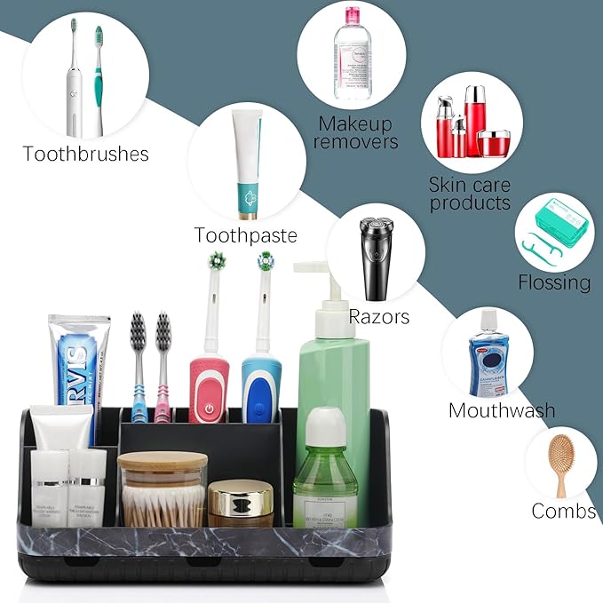GFWARE Marble Black Toothbrush Holders for Bathrooms - Detachable 7 Slots Bathroom Organizer Countertop Matte Black Electric Toothbrush and Toothpaste Holder for Bathroom Counter Vanity Sink Storage