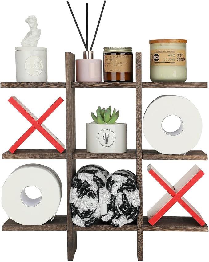 Weysat Tic Tac Toe Toilet Paper Holder Stand Bathroom Wall Decor Rustic Wooden Hanging Storage Freestanding Wall Mounted Shelves Decor for Toilet Tissue Farmhouse