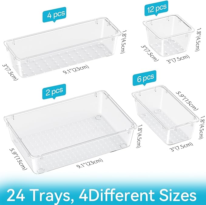 24 PCS Drawer Organizer Set, 4 Sizes Tool Storage Trays