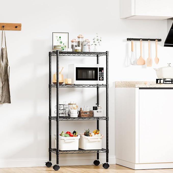 DUMOS 4-Tier Metal Wire Storage Shelves, Adjustable Standing Storage Rack Shelf with Wheels, Heavy Duty Steel Shelving Unit Organizers for Kitchen Bathroom Pantry Garage, 23.2"W×13.4"D×47.1"H, Black