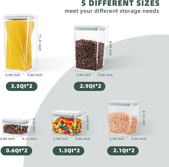 Airtight Food Storage Containers with Lids - 10 PCS Stackable Modular Pantry Organization and Storage Set for Flour, Spaghetti & Cereal - Clear Kitchen Canisters with Measurement Scales