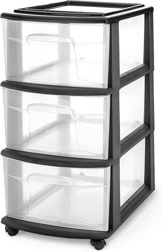 Drawer Tower, 3-Tier Clear Plastic Storage Organizer Cart, Black Frame