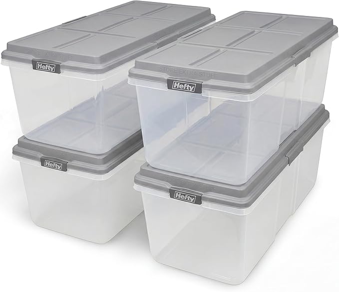 Hefty 113 Qt Hi-Rise Storage Bin with Lid, Stackable Plastic Storage Container, Organizer for Home, Garage & Closet, 4 Pack, Gray