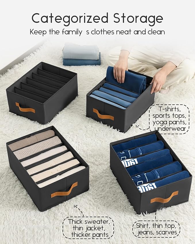 Homsorout Closet Organizers and Storage - Fabric Clothes Organizer with Handles, Foldable Jeans Organizer for Clothes, Drawer Organizer for Shirts, Bra, Sweater, Scarf, 6 Pack, Black