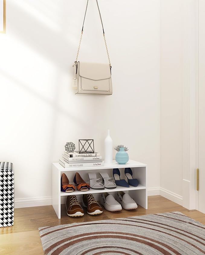 2-Tier Stackable White Shoe Rack, Wooden 2-Shelf Shoe Organizer Freestanding Shoe Storage Stand for 6-9 Pairs, Perfect for Closet, Entryway, Office Use - White(Pack of 2)